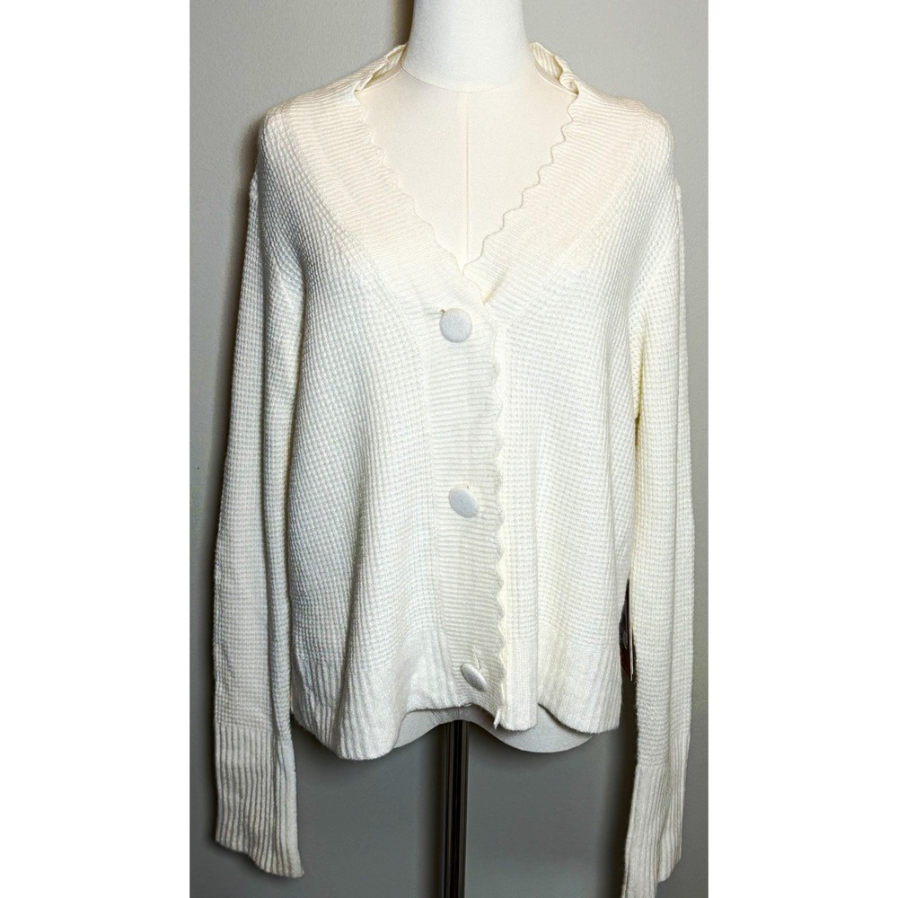 Cyrus Ivory Knit Button Front V-Neck Cardigan Sweater Long Sleeve Women's L NWT